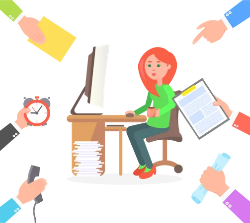 Girl works on computer and receive more tasks  Illustration