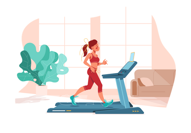 Girl works out on treadmill Illustration