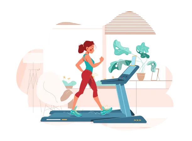 Girl works out on treadmill Illustration