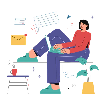 Girl works remotely on laptop  Illustration