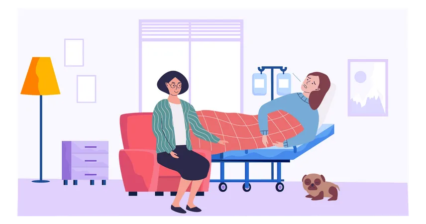 Woman Is Helping Patient To Treat Girl Wrapped In Blanket Measures Temperature In Hospital Female Character Lies In Bed With Thermometer In Her Mouth Self Care And Treatment On Quarantine Concept Illustration