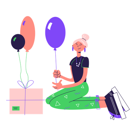 Girl wrapping gift and attaching balloons Illustration