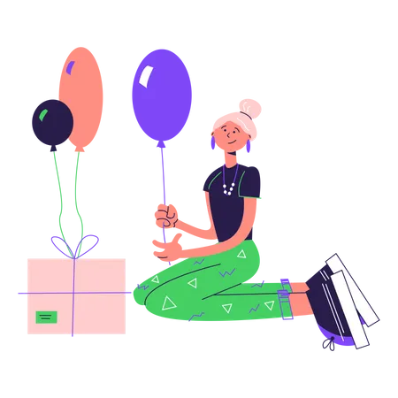 Girl wrapping gift and attaching balloons  Illustration