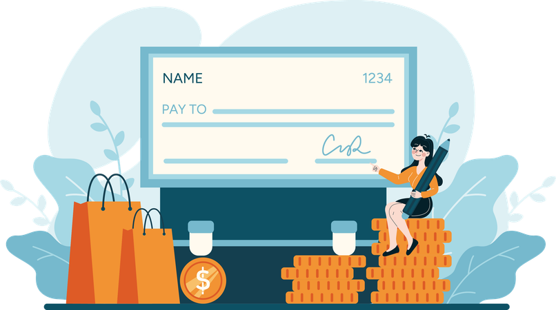 Girl write payment cheque  Illustration