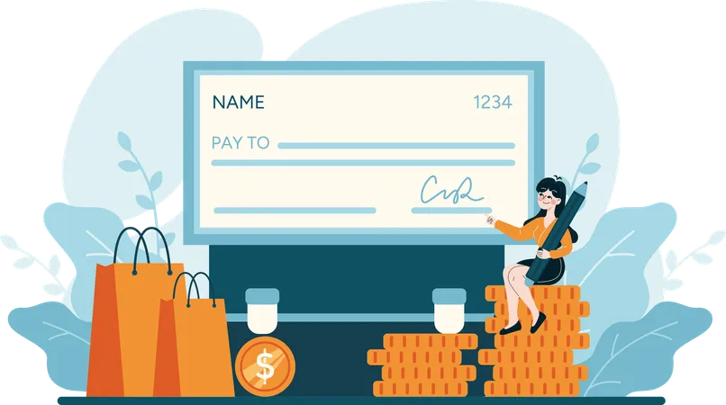 Girl write payment cheque  Illustration