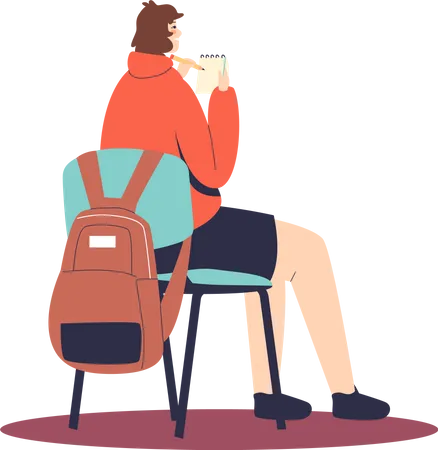 Girl Listen To Development Lecture Or Personal Success Courses Making Notes To Notebook Female Student Listen Coach Sit On Chair Back View Cartoon Flat Vector Illustration Illustration