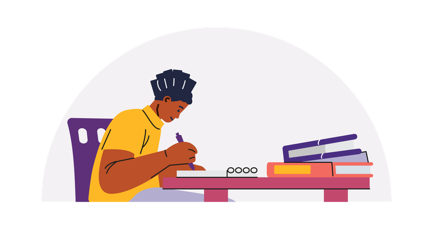 Girl writing notes with books on table  Illustration