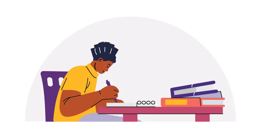 Girl writing notes with books on table  Illustration