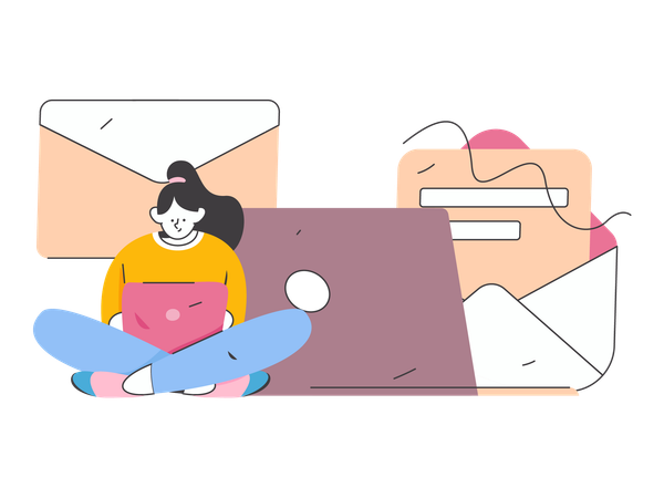 Girl writing online emails  Illustration