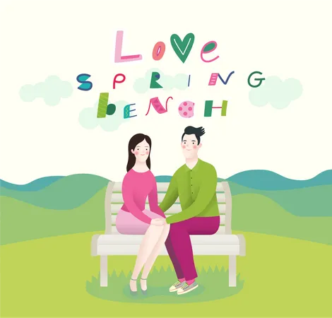 Love Spring Bench A Couple In Love Sitting On A Bench On Th Elandscape With Mountains Illustration