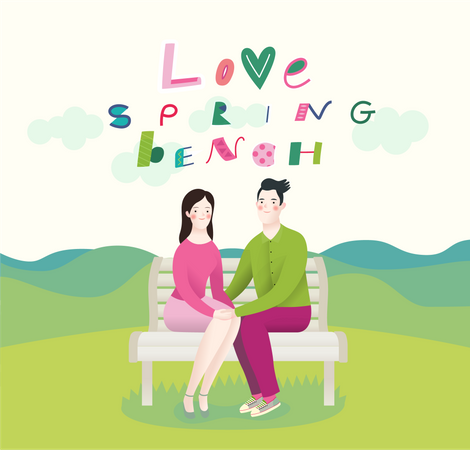 Girlfriend and boyfriend sitting on bench  Illustration