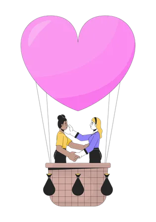 Girlfriends Floating On Hot Air Balloon 2 D Linear Cartoon Characters Loving Lesbian Couple Isolated Line Vector People White Background Romantic Date Ballooning Color Flat Spot Illustration Illustration