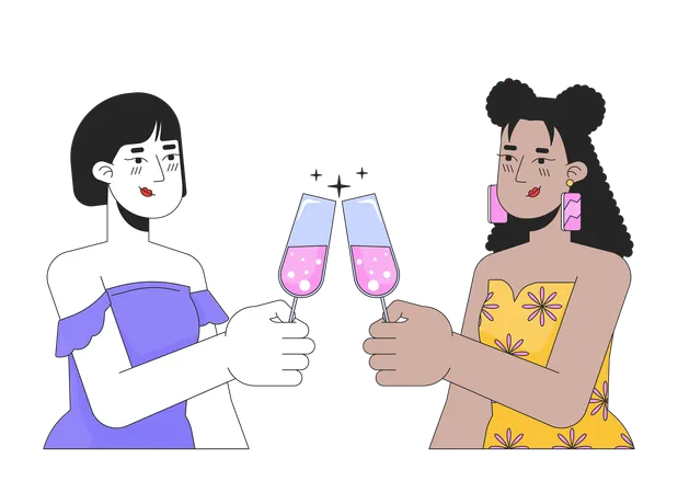 Girlfriends Lesbians Clinking Glasses 2 D Linear Cartoon Characters Charmed Homosexual Female Couple Isolated Line Vector People White Background Celebrating Champagne Color Flat Spot Illustration Illustration