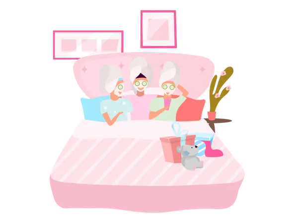 Girlfriends Applying Facial Masks Flat Vector Illustration Slumber Sleepover Party Concept Female Best Friends Sleeping Together In Pajamas Cartoon Characters Young Women Teenagers Students Illustration