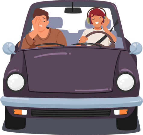 運転中にヘッドフォンで音楽を聴きながら運転するガールフレンドとイライラするボーイフレンド  イラスト