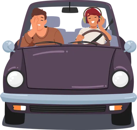 運転中にヘッドフォンで音楽を聴きながら運転するガールフレンドとイライラするボーイフレンド  イラスト