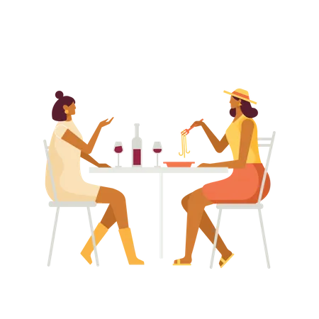 Girlfriends eating pasta in Rome  Illustration