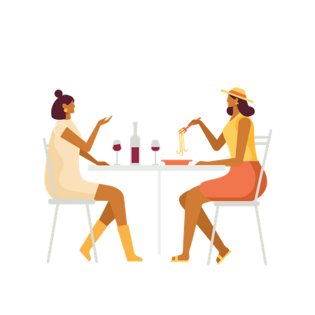 Girlfriends eating pasta in Rome  Illustration