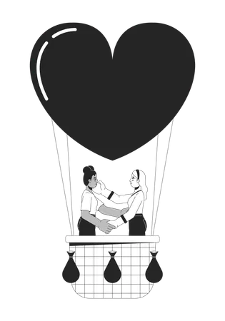 Girlfriends Floating On Hot Air Balloon Black And White 2 D Line Cartoon Characters Loving Lesbian Couple Isolated Vector Outline People Romantic Date Ballooning Monochromatic Flat Spot Illustration Illustration
