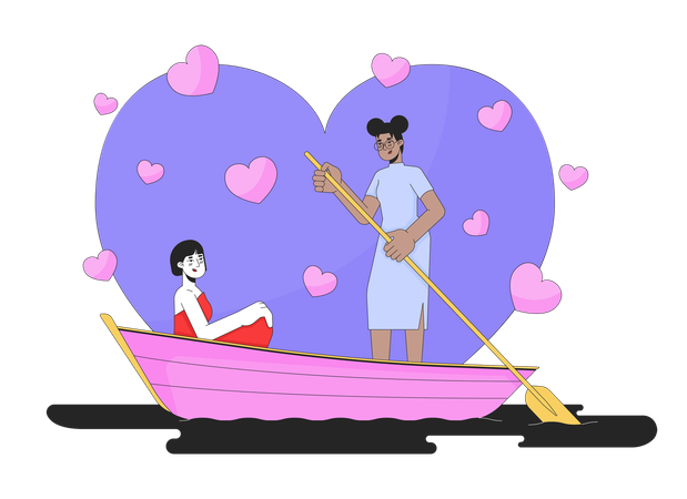 Girlfriends in love rowing boat on lake  Illustration