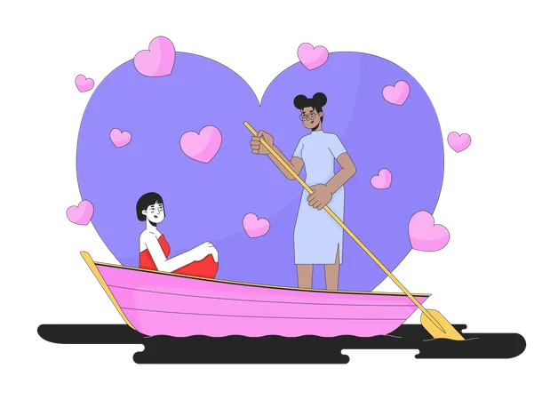 Girlfriends In Love Rowing Boat On Lake 2 D Linear Illustration Concept Interracial Couple Lesbian Lovers Cartoon Characters Isolated On White Romantic Metaphor Abstract Flat Vector Outline Graphic Illustration