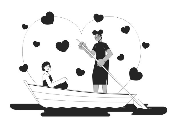 Girlfriends in love rowing boat on lake  イラスト