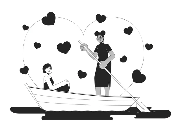 Girlfriends In Love Rowing Boat On Lake Black And White 2 D Illustration Concept Interracial Couple Lesbian Lovers Cartoon Outline Characters Isolated On White Romantic Metaphor Monochrome Vector Art Illustration