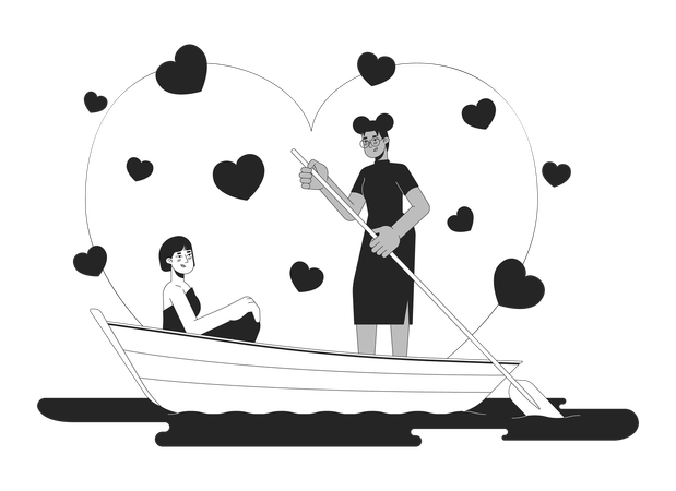 Girlfriends in love rowing boat on lake  Illustration