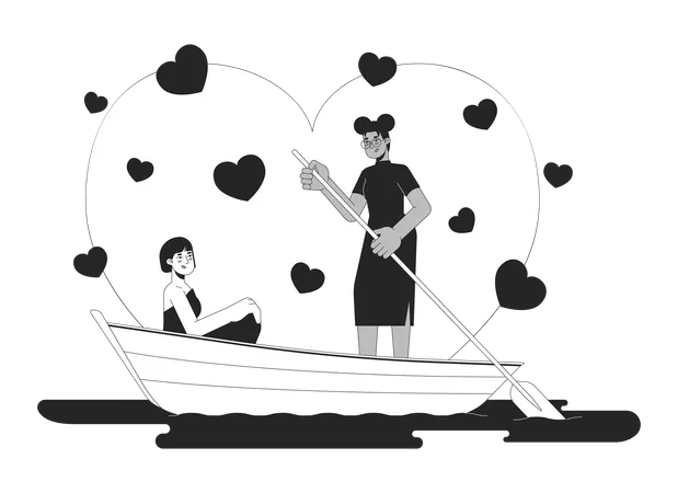 Girlfriends in love rowing boat on lake  Illustration