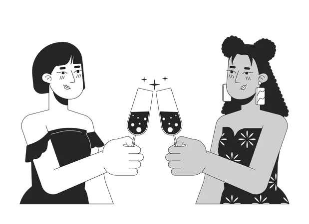 Girlfriends Lesbians Clinking Glasses Black And White 2 D Line Cartoon Characters Charmed Homosexual Female Couple Isolated Vector Outline People Celebrating Monochromatic Flat Spot Illustration Illustration