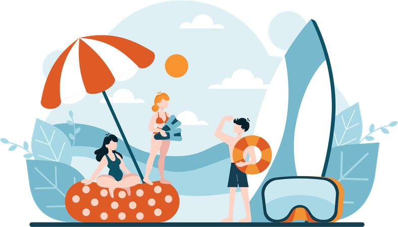 Girls and boy enjoying at beach  Illustration