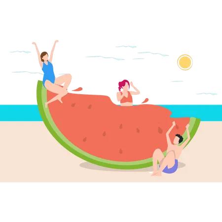 Girls and boy sitting on beach and enjoying watermelon Illustration