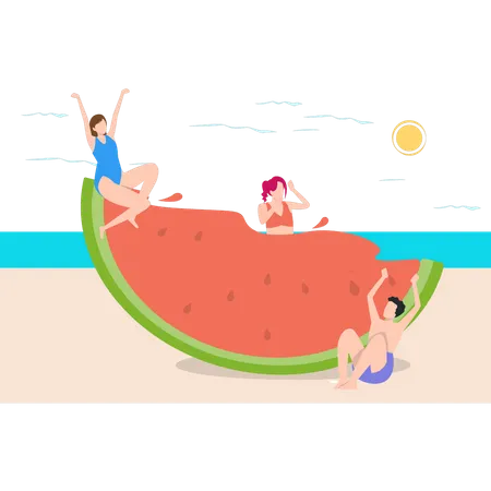 Girls and boy sitting on beach and enjoying watermelon  Illustration