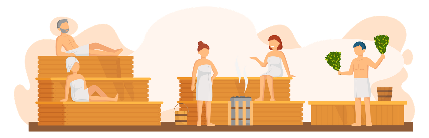 Girls and boys steaming in sauna Illustration