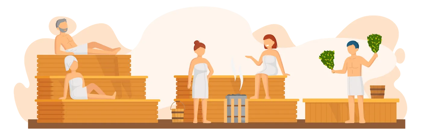 Girls and boys steaming in sauna  Illustration
