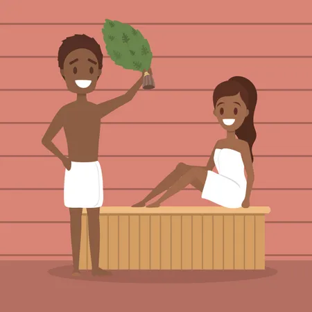 People In Sauna Wooden Bathhouse Spa And Relax Procedure Different Tool For Sauna Smiling Couple In Towel Isolated Flat Vector Illustration Illustration