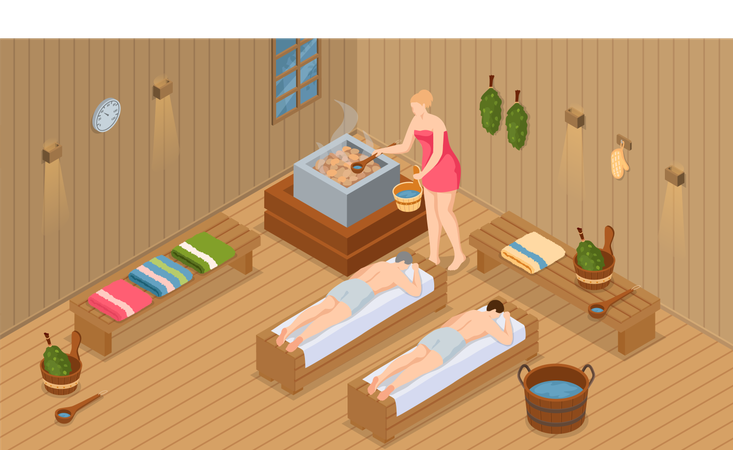 Girls and boys steaming in sauna  Illustration