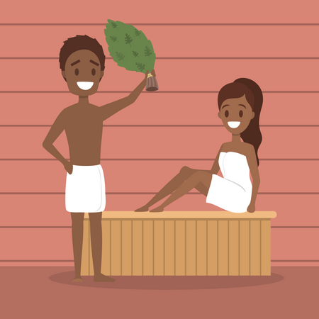 Girls and boys steaming in sauna  Illustration