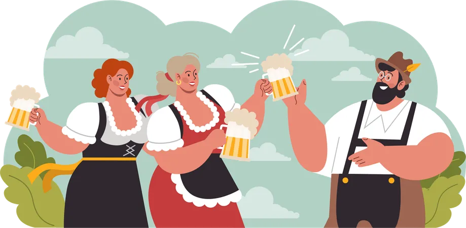 Girls and man cheerts beer  Illustration