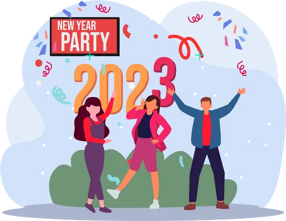 Girls And Man Enjoying New Year Party  Illustration