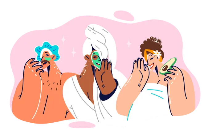 Diversity People Use Face Masks Made From Natural Products After Showers And SPA Treatments Two Women And Man Make Different Anti Aging Masks Wanting To Get Rid Of Wrinkles Or Blackheads Illustration