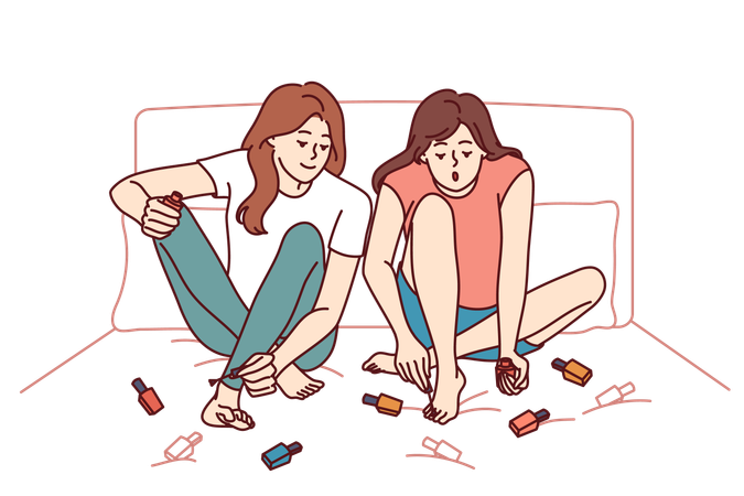 Girls are applying nail paint on their legs  Illustration