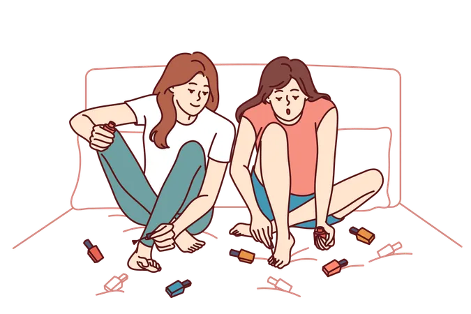 Two Girls Paint Nails Sitting On Bed And Doing Pedicure Before Going To Beach Or Party Women Friends Paint Toenails With Varnish Of Different Colors Wanting To Be Beautiful And Elegant Illustration