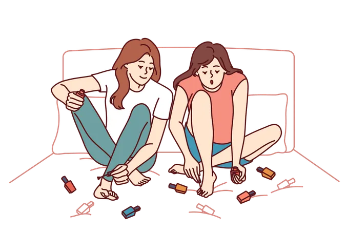 Girls are applying nail paint on their legs  Illustration