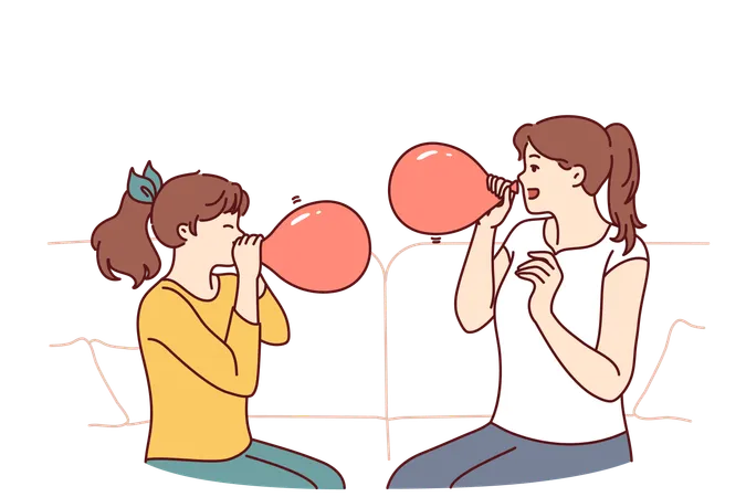 Girls are blowing balloons for birthday celebration  Illustration
