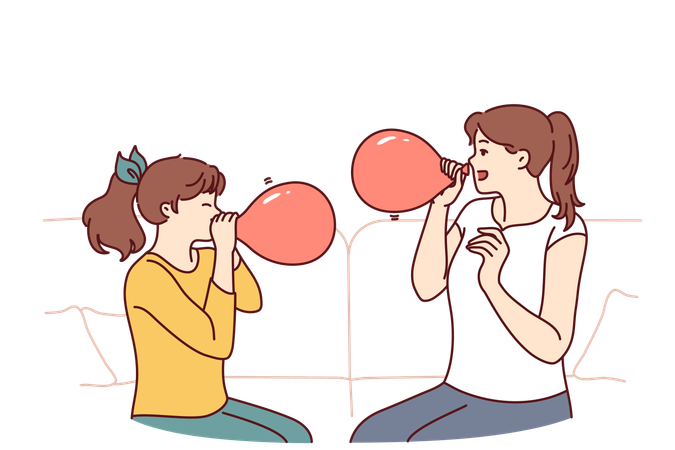 Girls are blowing balloons for birthday celebration  Illustration