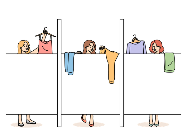 Girls are changing their clothes in trial room  Illustration
