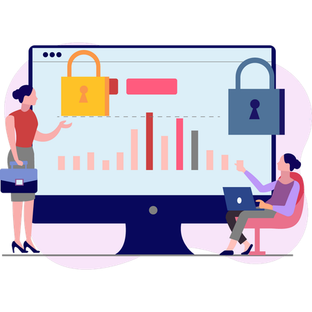 Girls are discussing about security chart on monitor  Illustration