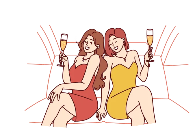 Celebrity Women Sit In Luxury Car With Glasses Filled With Sparkling Wine During Pre Wedding Bachelorette Party Celebrity Girls In Evening Dresses Riding In Limousine Enjoy Premium Atmosphere Illustration
