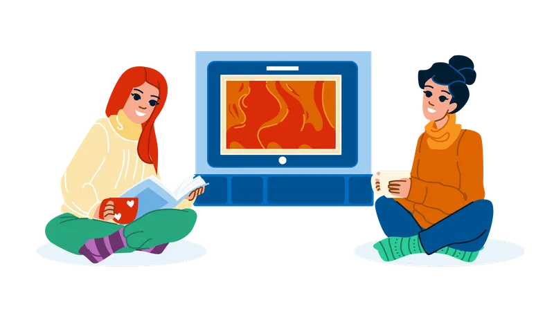 Fire Fireplace Woman Vector Drink Hot Warm Indoors Cozy Relax Fire Fireplace Woman Character People Flat Cartoon Illustration Illustration